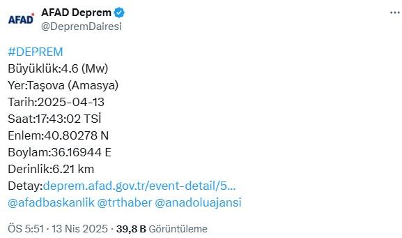 Amasya'da 4.6 büyüklüğünde deprem